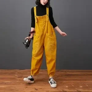Corduroy Women's Solid Color Loose Rompers Pocketed Wide Leg Overall Jumpsuit