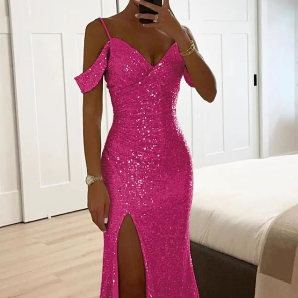 Shiny Sparkling Sequin Off-the-Shoulder V-Neck High Side Slit Party Maxi Dress