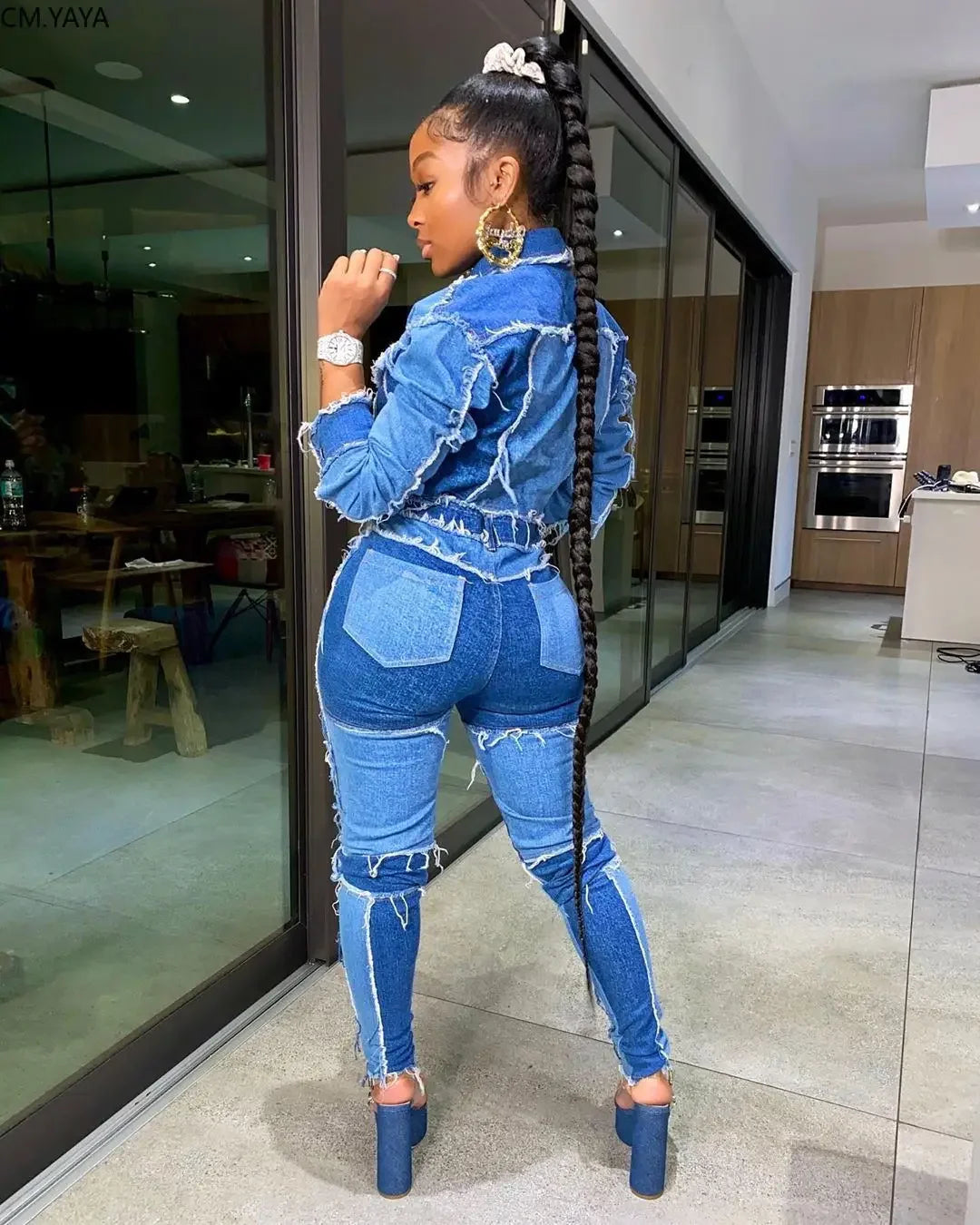 Denim Ripped Fringe Streetwear Long Sleeve Button Front Patchwork Jean Jacket
