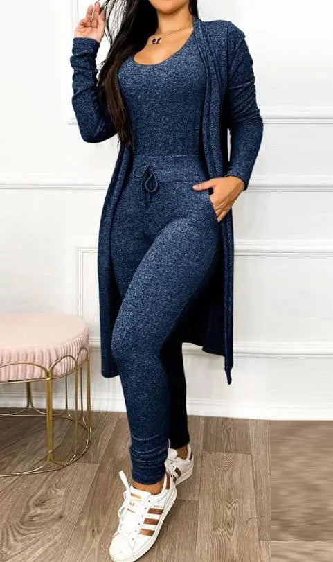 Solid Maxi Cardigan Sweater + Drawstring Pocket Design U-Neck Sleeveless Skinny Jumpsuit 2-Piece Set