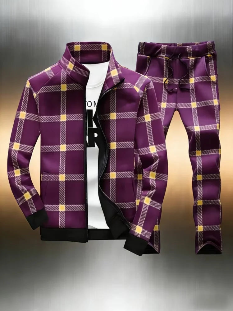 Men's Plaid Print Stand Collar Sports Zipper Jacket + Skinny Drawstring Jogger Sweatpants Tracksuit