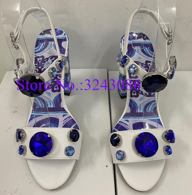 Crystal Chunky Heel Mixed Color Diamond Beach Sandals