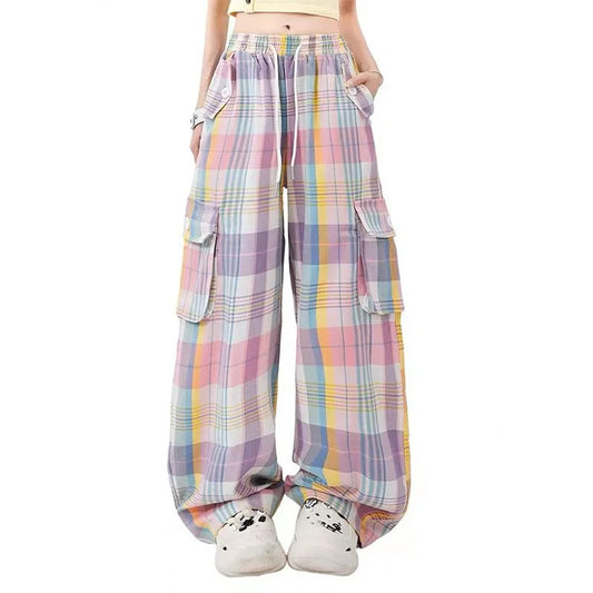 Pastel Plaid Spliced High Waist Drawstring Women's Baggy Streetwear Cargo Pants
