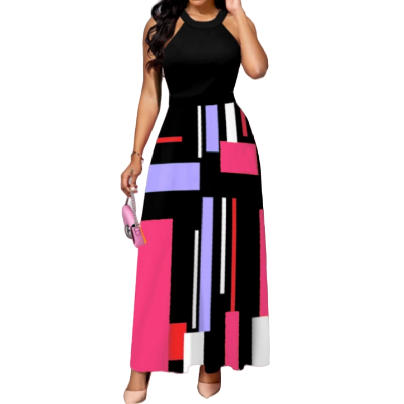 Abstract Geometric Colorblock Printed A-Line Halter Tank Maxi Dress to 5X Plus Size