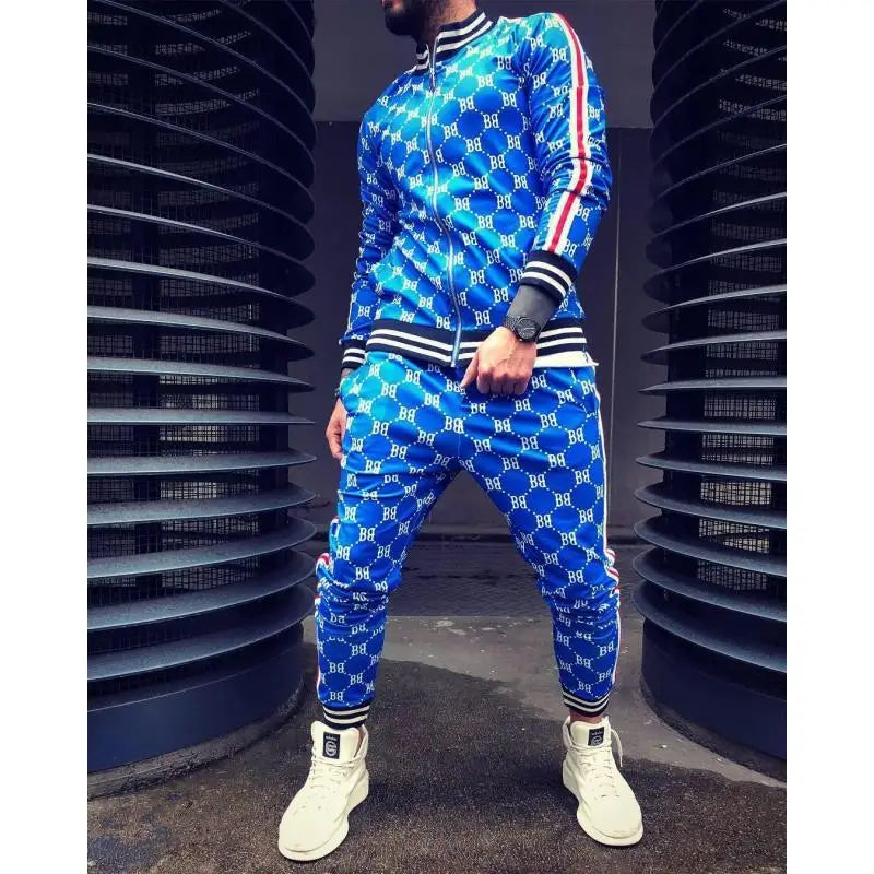 Velvet Monogram Side Striped Print O-Neck Sweat Jacket + Sweatpants Tracksuit