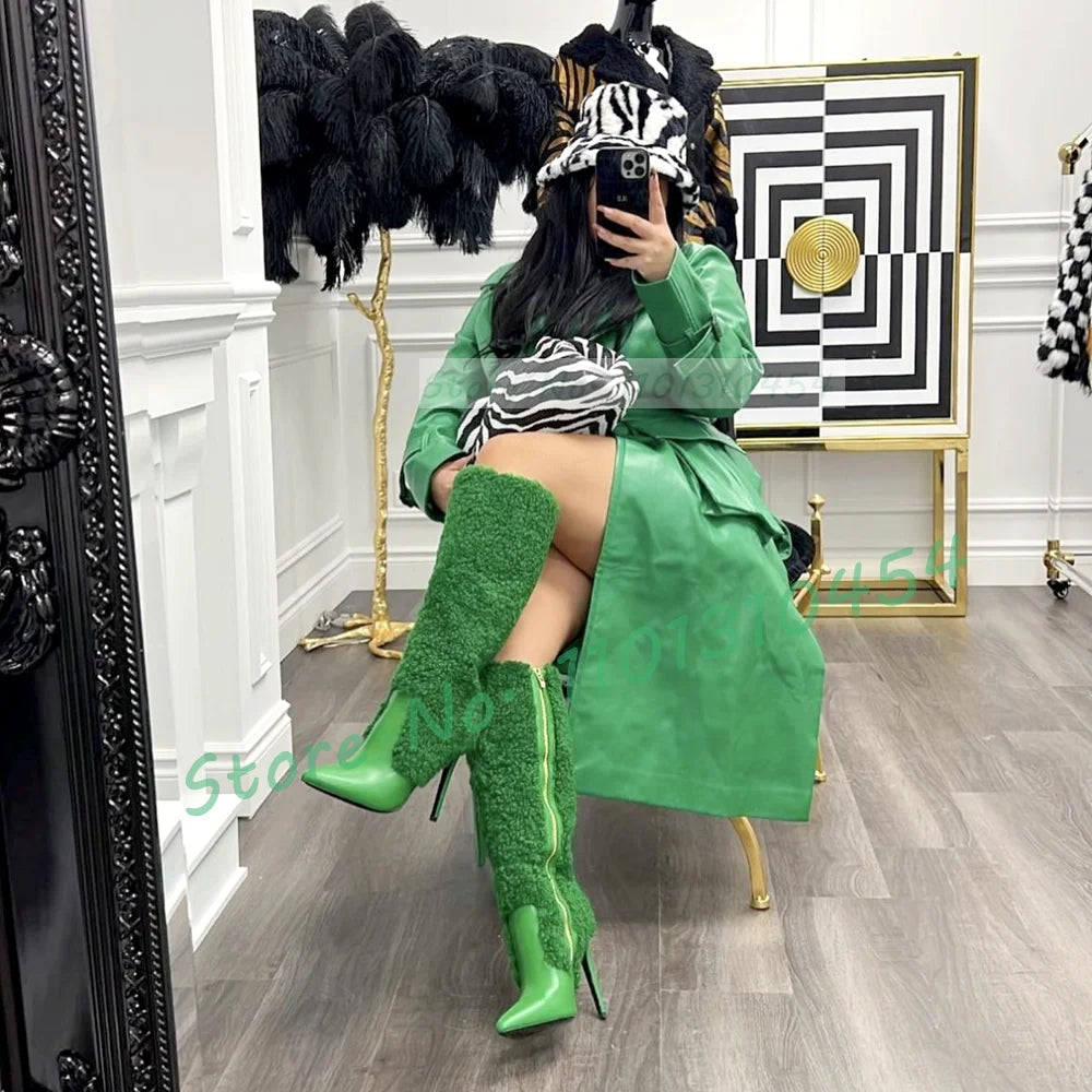 Green Wool Leather Spliced Women's Pointed Toe Stiletto Heel Side Zipper Knee-High Boots