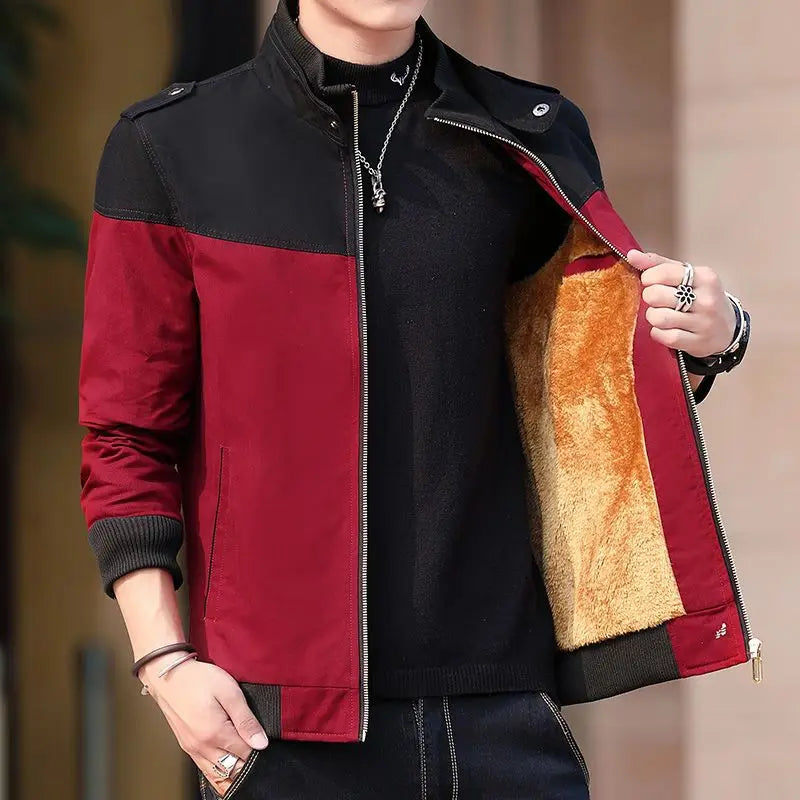 Men's Colorblock 2-Tone Velvet Lined Windbreaker Zipper Bomber Jacket