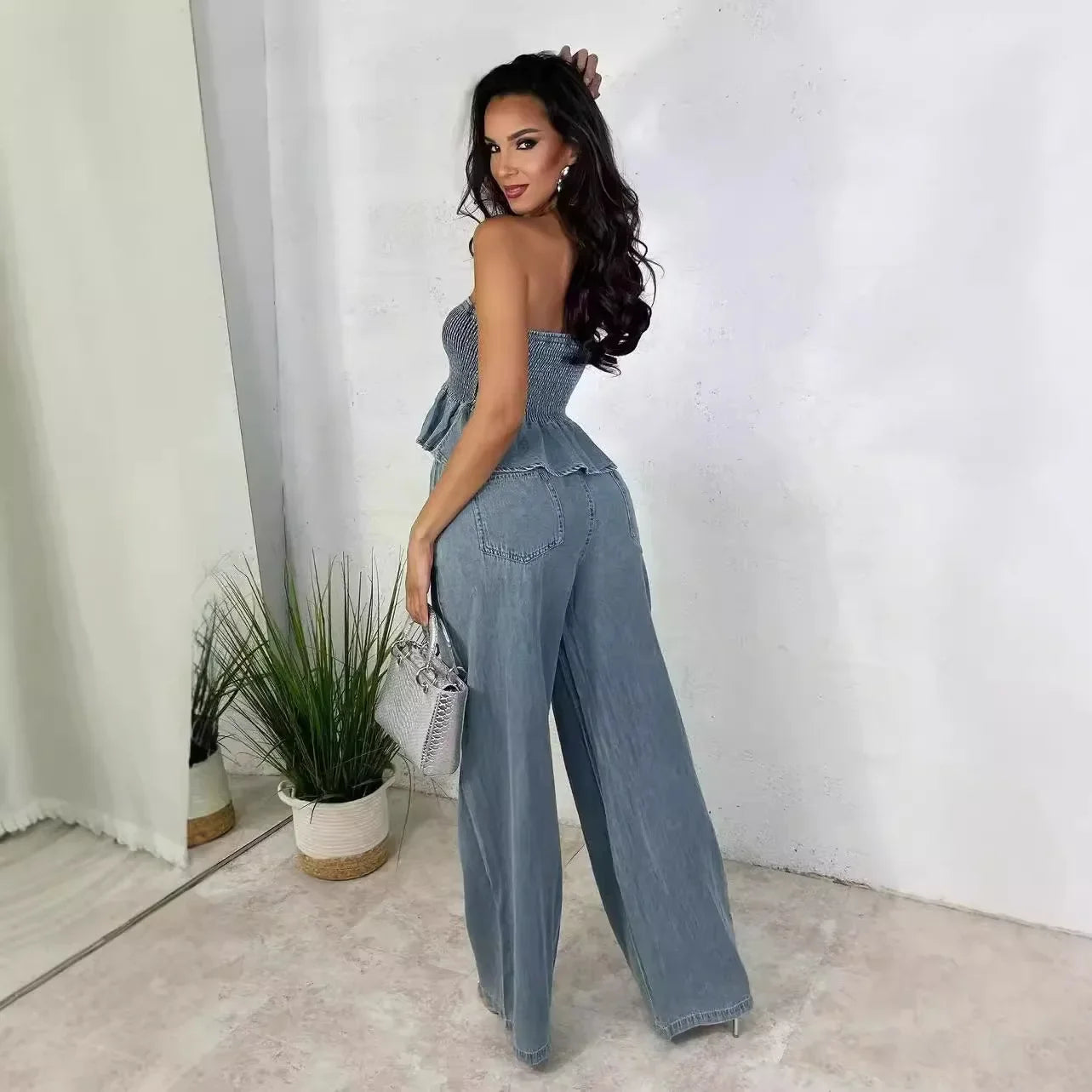 Denim Ruffled Trim Stretch Tube Top + Drawstring Elastic Waist Wide Leg Pants 2-Piece Set