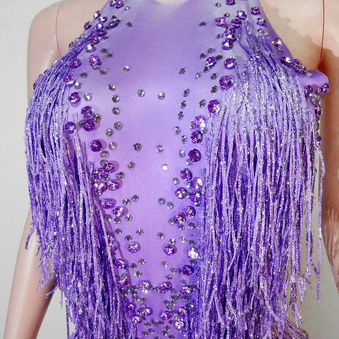 Tassel Fringe Design Sleeveless Zipper Back Sparkling Rhinestone Women's Formal Stage Dance Bodysuit
