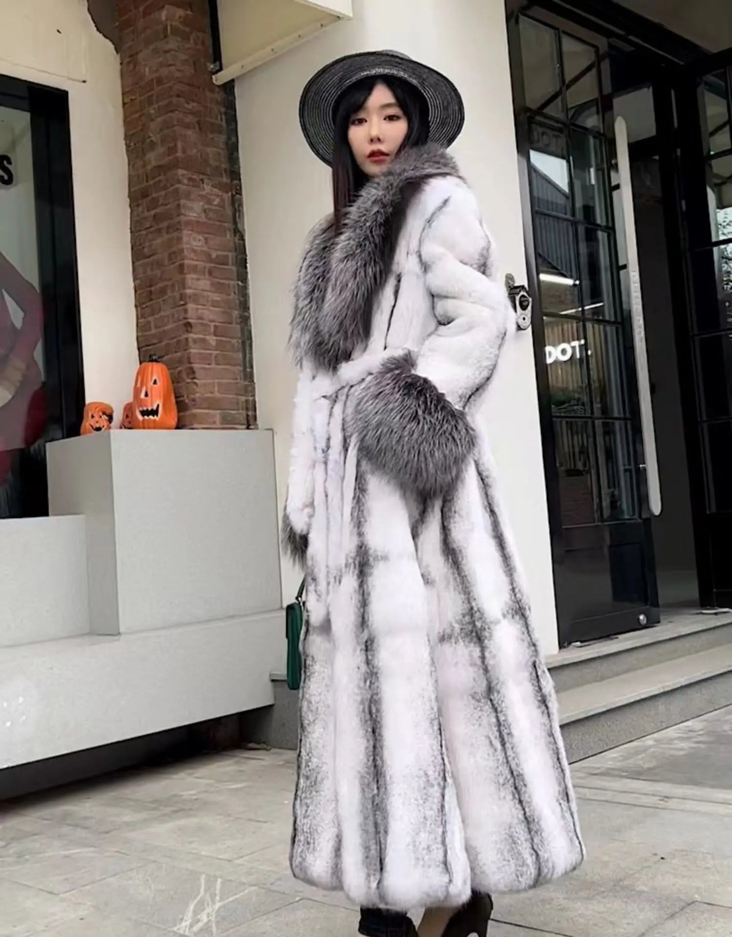 Striped Geometric Colorblock Pattern Pelt Genuine Women's Rabbit Fur Trenchcoat to 6X Plus Size
