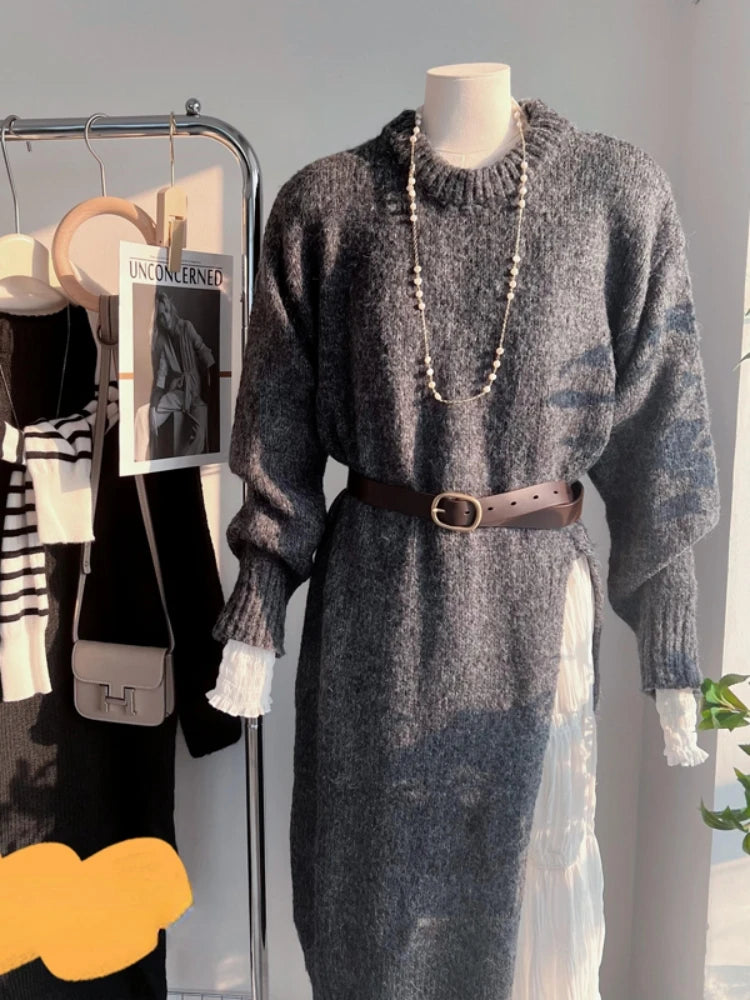 Oversized Wool Solid Knitted Long Sleeve Maxi Sweater Dress