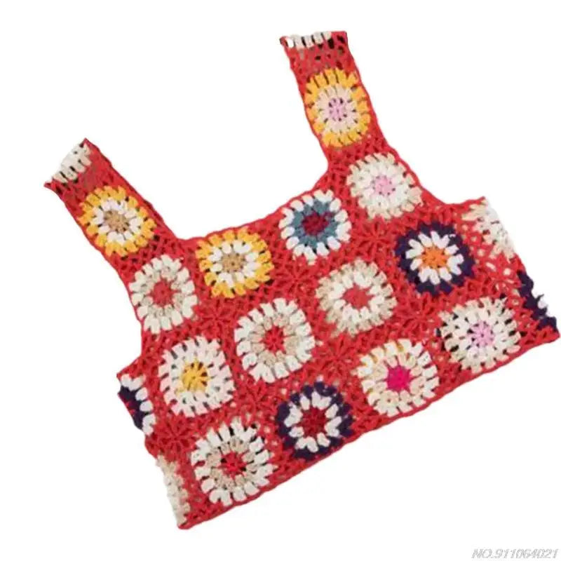 Crochet Multi-Colored Square Flower Design Knitted Square Neck Women's Sleeveless Cropped Tank Top