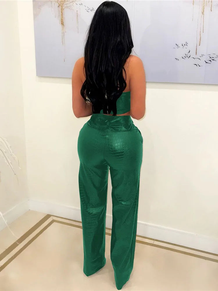 Sleeveless Croc Pattern Corset Tube Top + Cargo Pants Women's 2-Piece Set