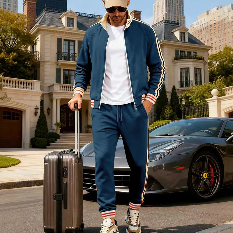 Men's Fleece Lined Heated Zipper Long Sleeve O-Neck Bomber Sports Jacket + Jogger Sweatpants Tracksuit