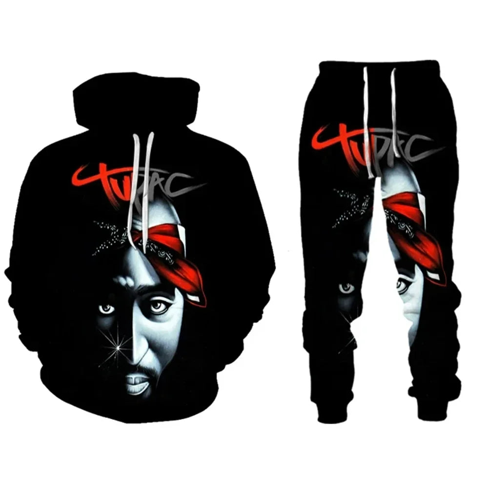 Drawstring Men's Unisex Tupac 3D Graphic Print Hoodie Sweatshirt + Jogger Sweatpants Tracksuit