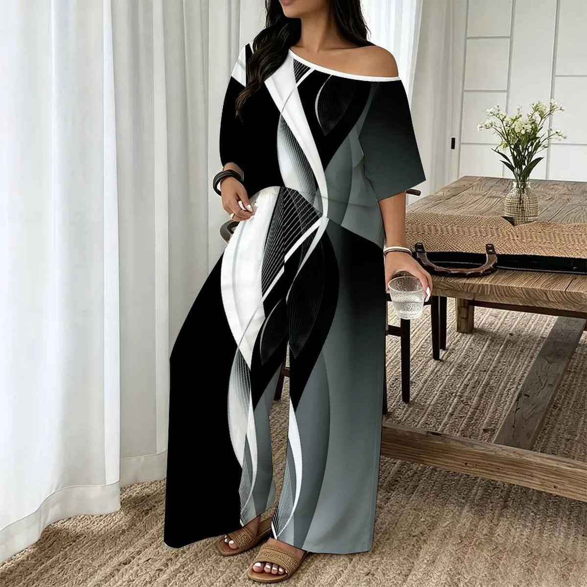 Printed Round Neck Short Sleeve Womens Top + Wide Leg Pants 2-Piece Set to 8X Plus Size