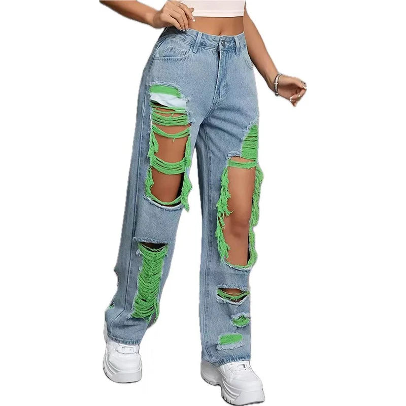 Ripped Denim Hollow-Out Washed Women's Baggy Hip-Hop Streetwear Jeans