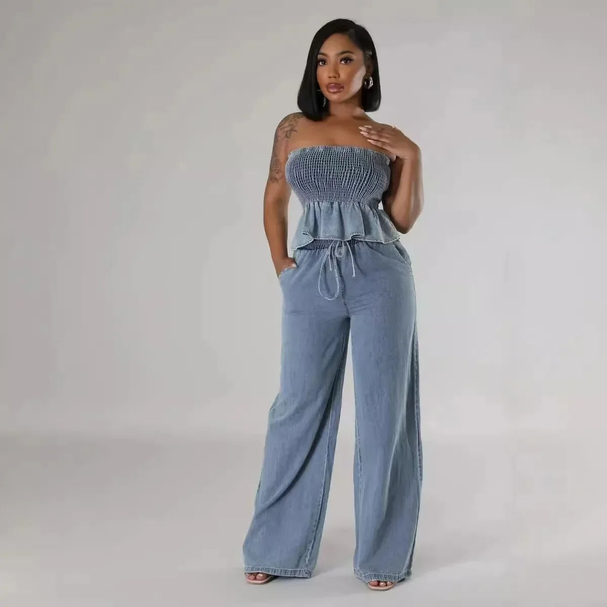 Denim Ruffled Trim Stretch Tube Top + Drawstring Elastic Waist Wide Leg Pants 2-Piece Set