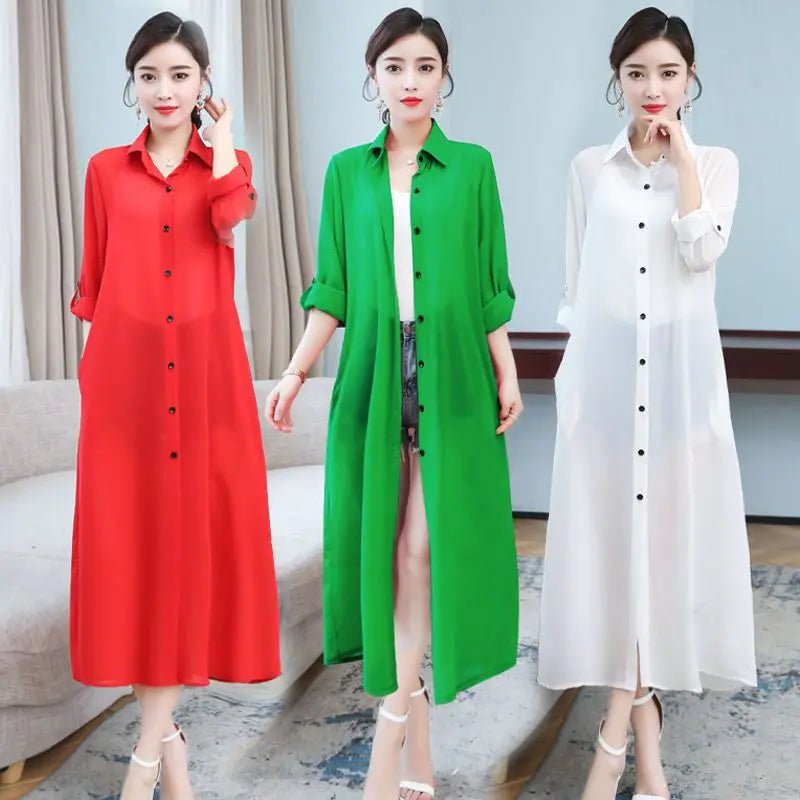 Chiffon Solid Color Women's Open Front Maxi Shirt Blouse