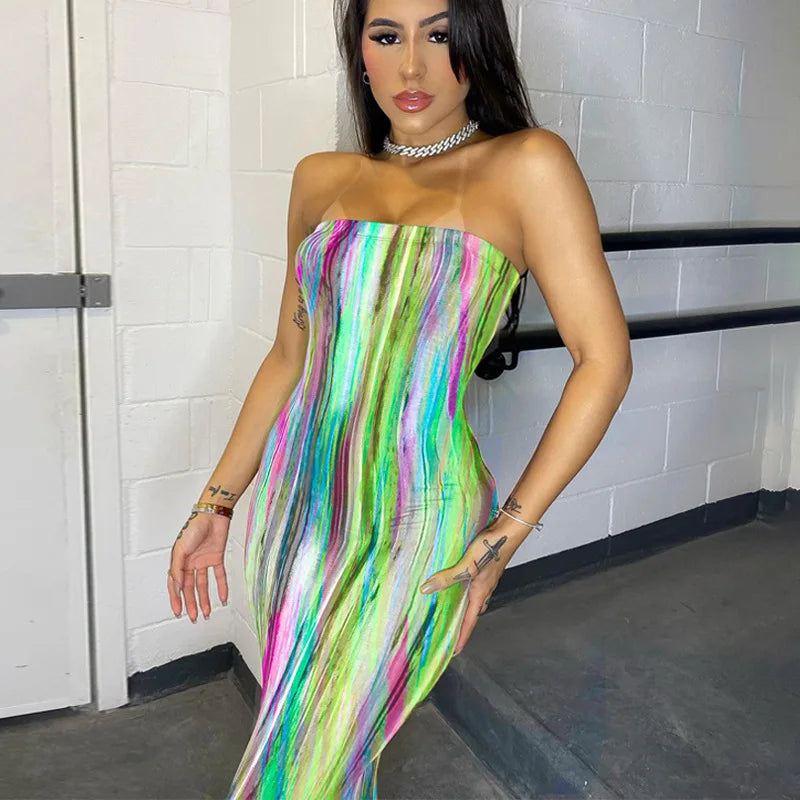 Sleeveless Tube Top Design/Long Sleeve Striped Colorblock Printed Bandage Skinny Maxi Dress