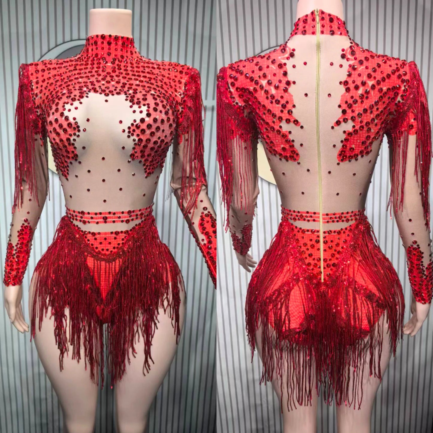Sparkling Rhinestone Hollow-Out Long Sleeve Stage Formal Stage Performance Skin Tight Bodysuit