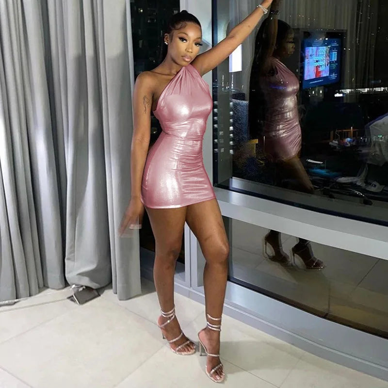 Asymmetrical Faux Leather Metallic/Solid Color One Shoulder Ruched Bodycon Skinny Mini Club Dress