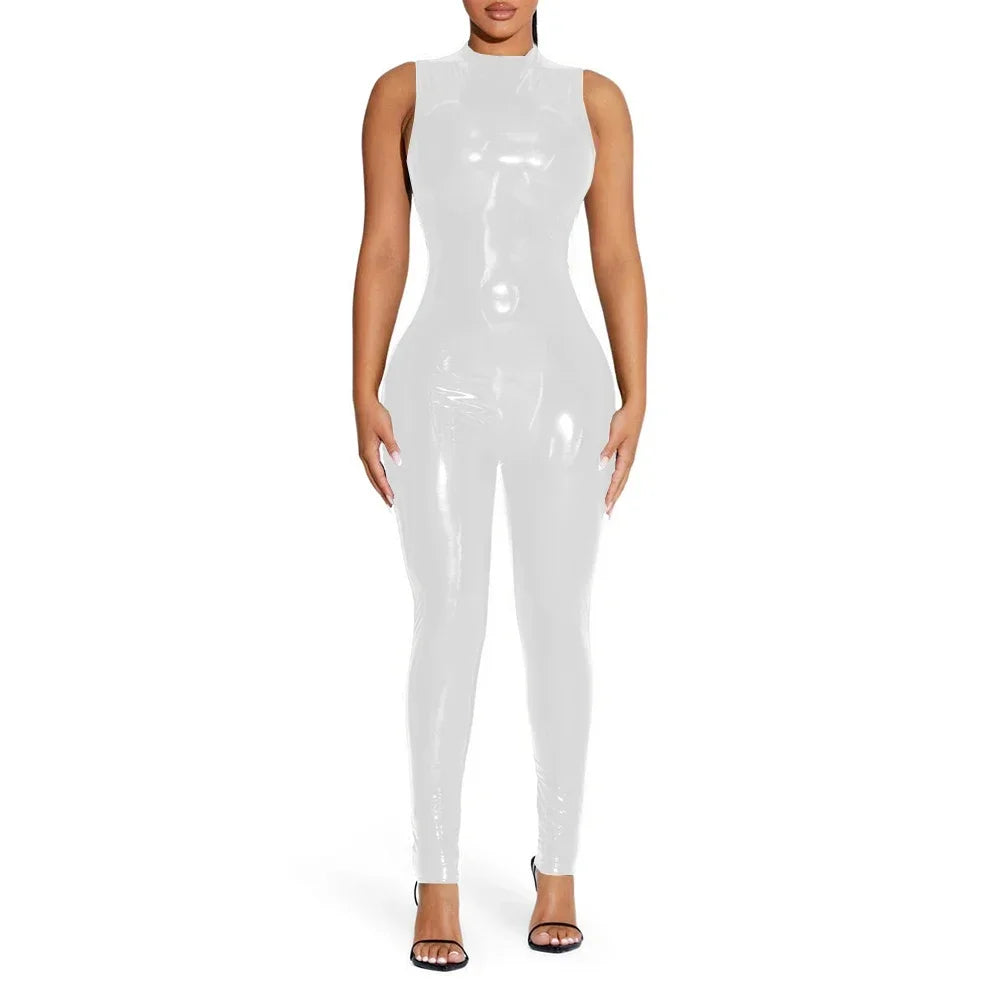 Shiny Solid Color Sleeveless PVC PU Leather Women's Pants Jumpsuit