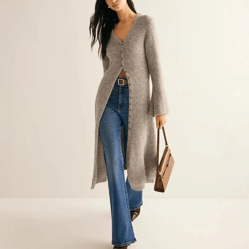 Knitted Long Flared Sleeve Button Front Bodycon Women's Maxi Sweater