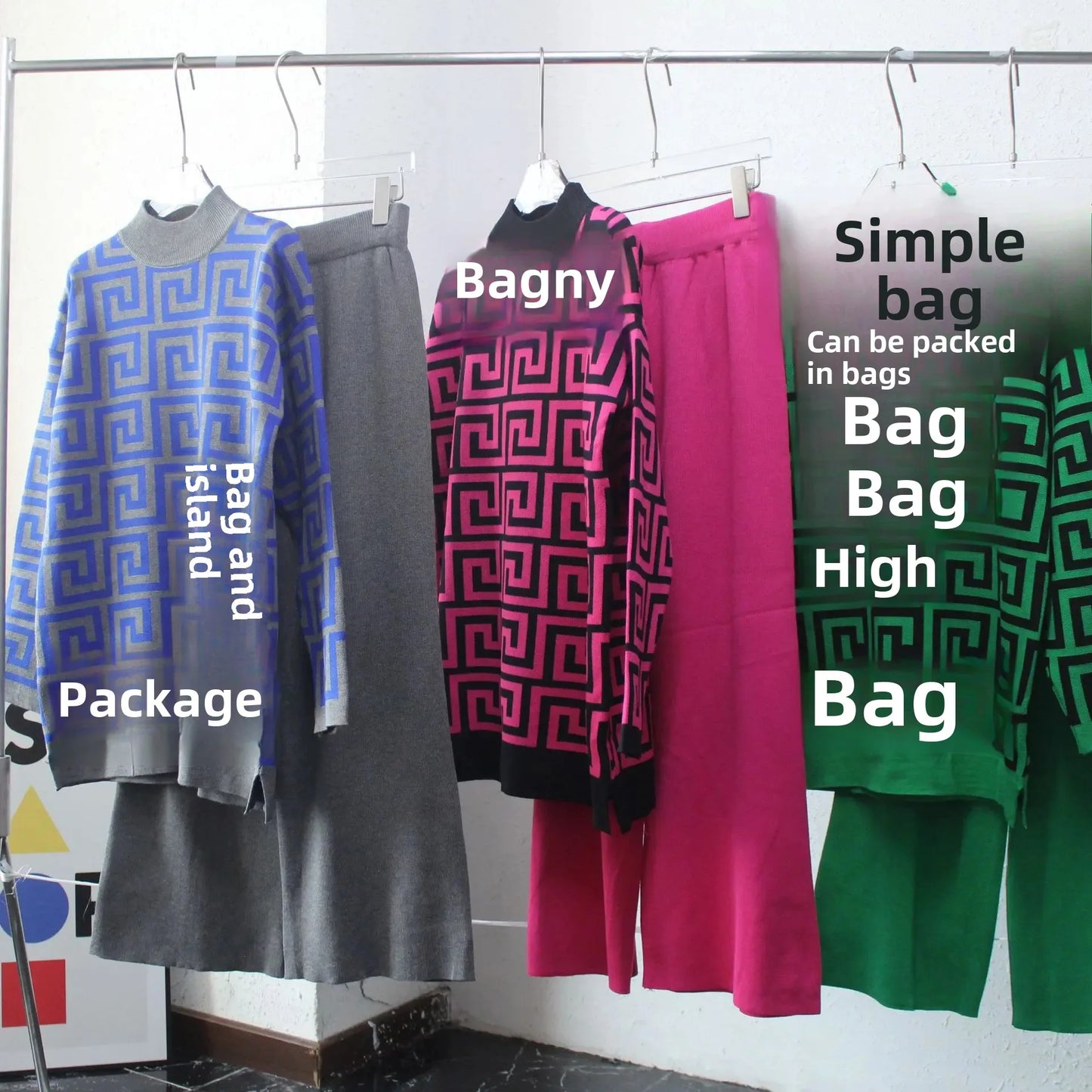 Geometric Colorblock High Collar Sweater + Wide Leg Pants Women's 2-Piece Set