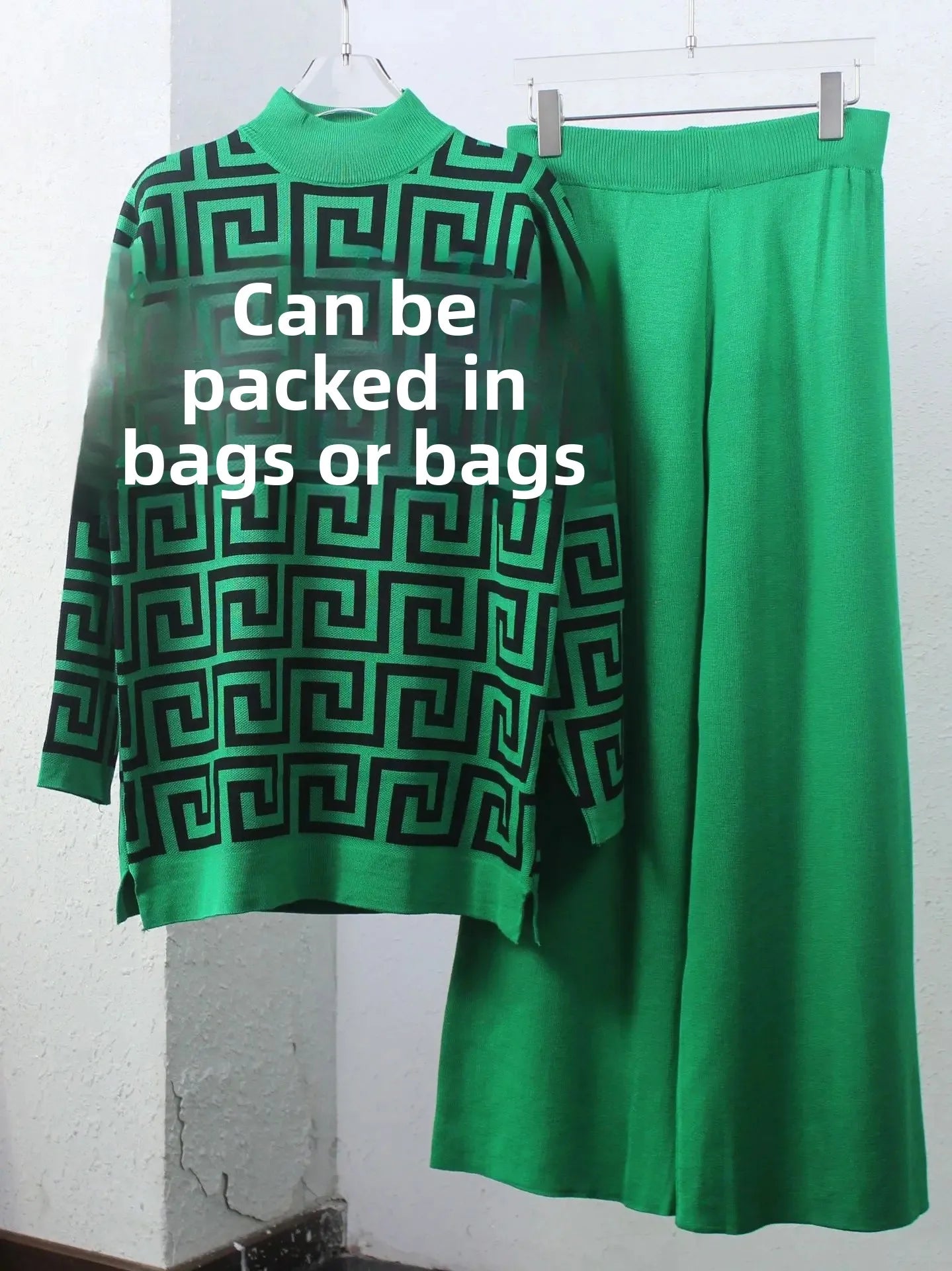 Geometric Colorblock High Collar Sweater + Wide Leg Pants Women's 2-Piece Set