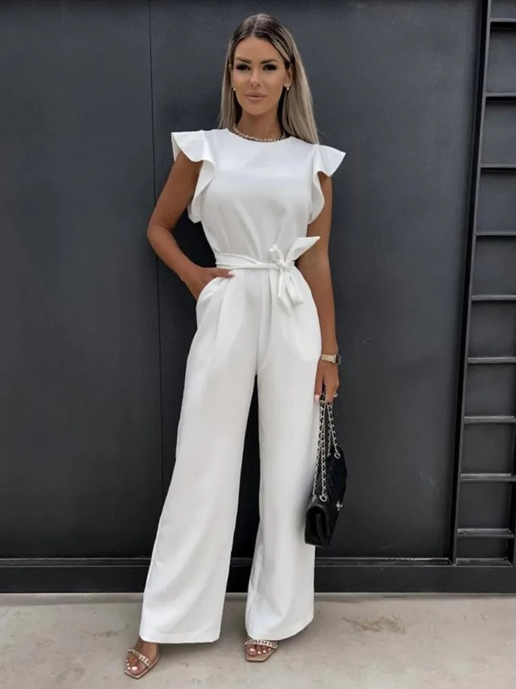 Butterfly Sleeve Solid Wide Leg Vintage Elastic Waist Jumpsuit