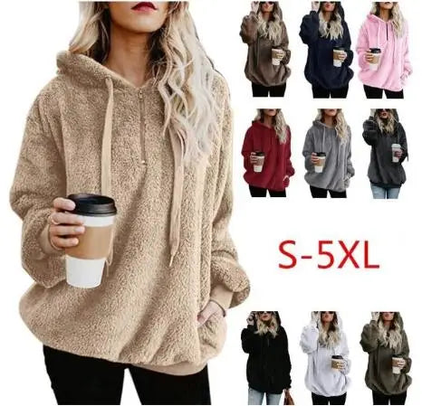 Fleece Solid Pullover Drawstring Long Sleeve Women's Zipper Hoodie  Sweatershirts to 5X Plus Size