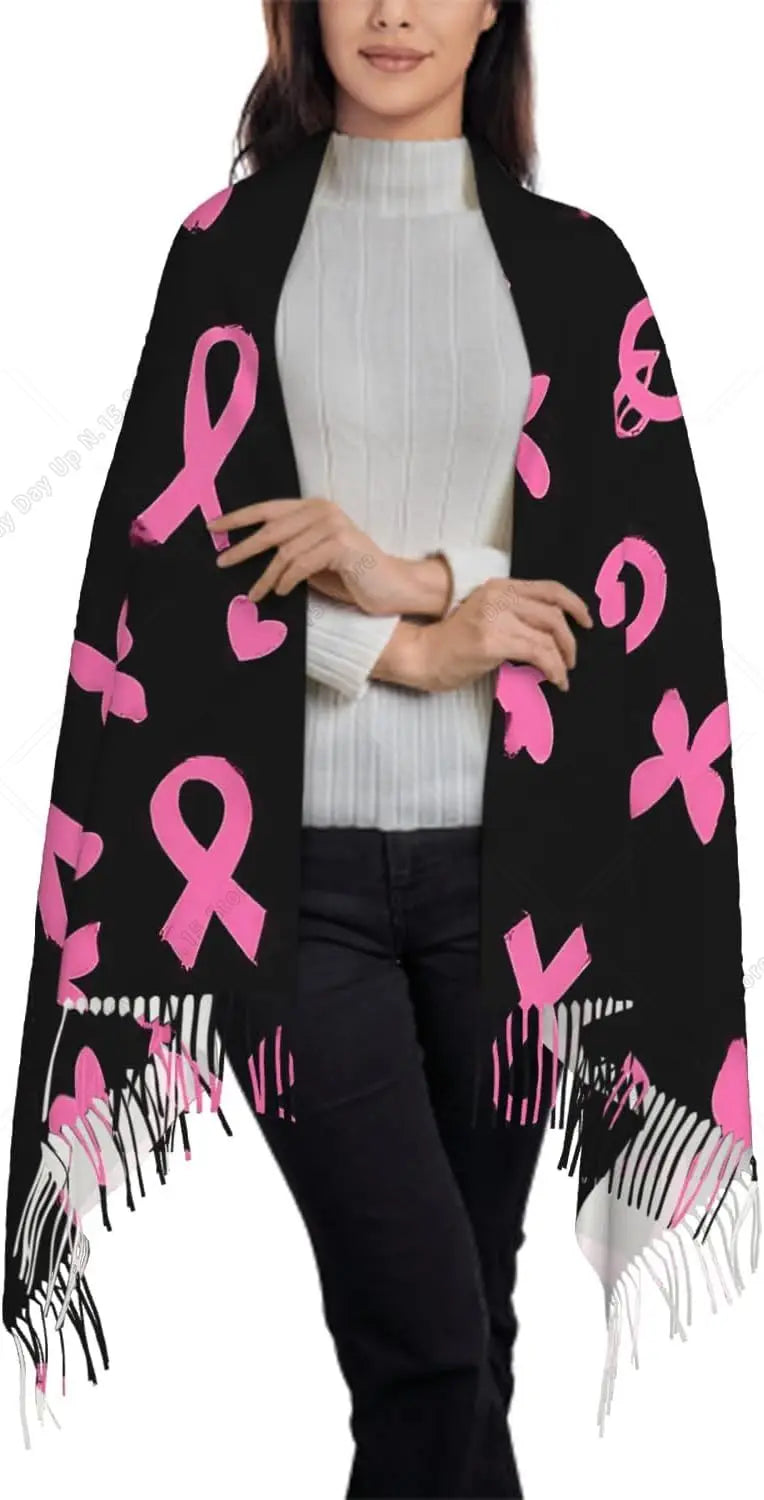 Oversized Heart Breast Cancer Awareness Pink Ribbon Print Tassel Fringe Shawl Scarf