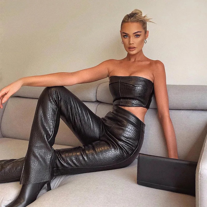 Black PU Leather Croc Pattern Embossed Crop Tube Top + Pants Women's 2-Piece Set
