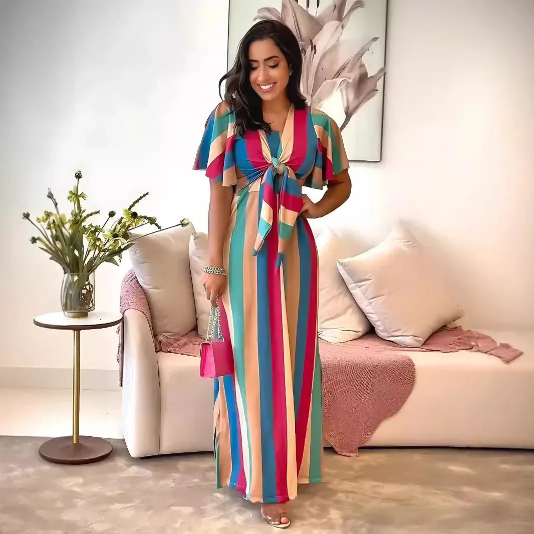 Rainbow Striped Hollow-Out Short Butterfly Sleeve Lace-Up Maxi Dress
