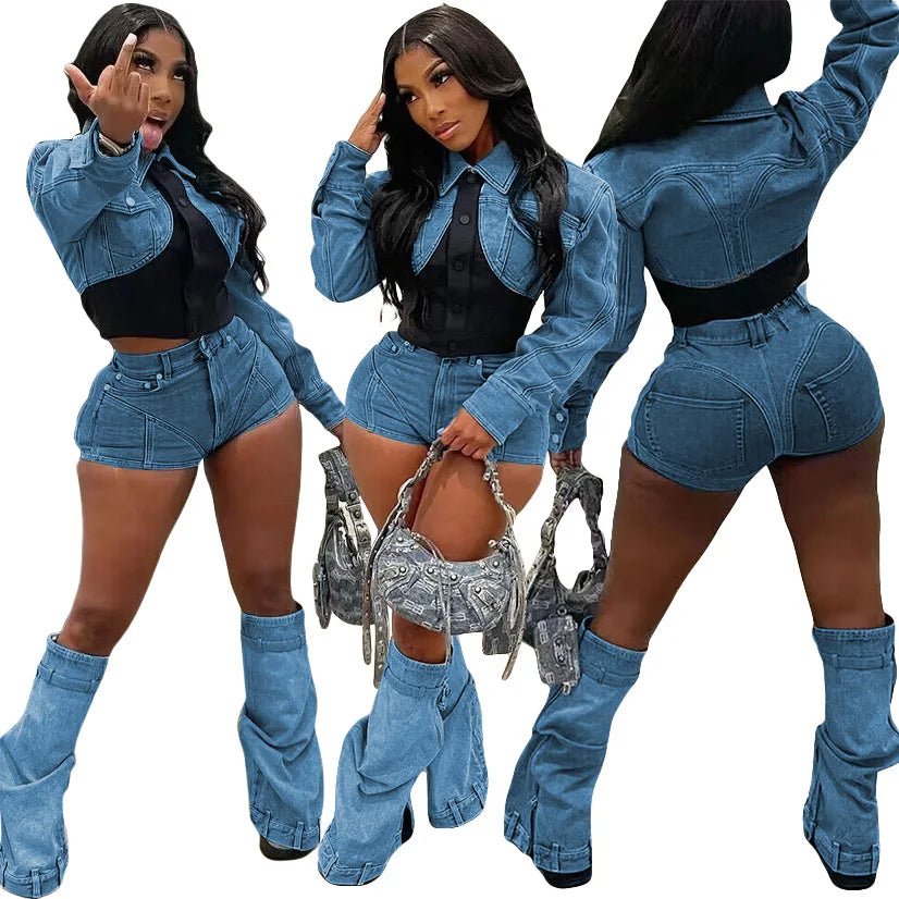 Denim Ladies Cropped Jean Jacket + Mini Jean Shorts 2-Piece Set