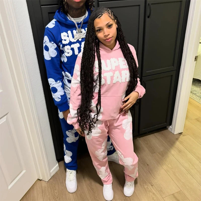 Men's "SUPERSTAR" Letter Print Big Flower Design Hoodie Sweatshirt + Drawstring Sweatants Hip-Hop Tracksuit