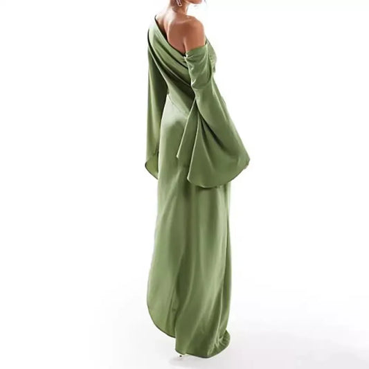 Satin Asymmetrical Olive Green Ruched One Shoulder Long Sleeve High Slit Formal Maxi Dress