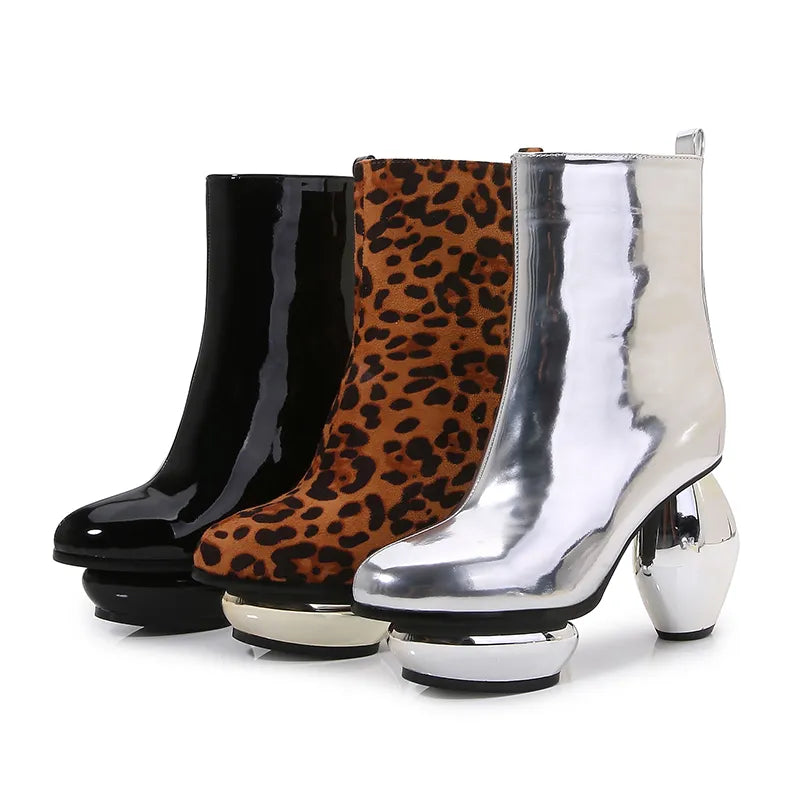 Liquid Chrome/Leopard/Solid Patent Leather Ball Heel Ankle Boots