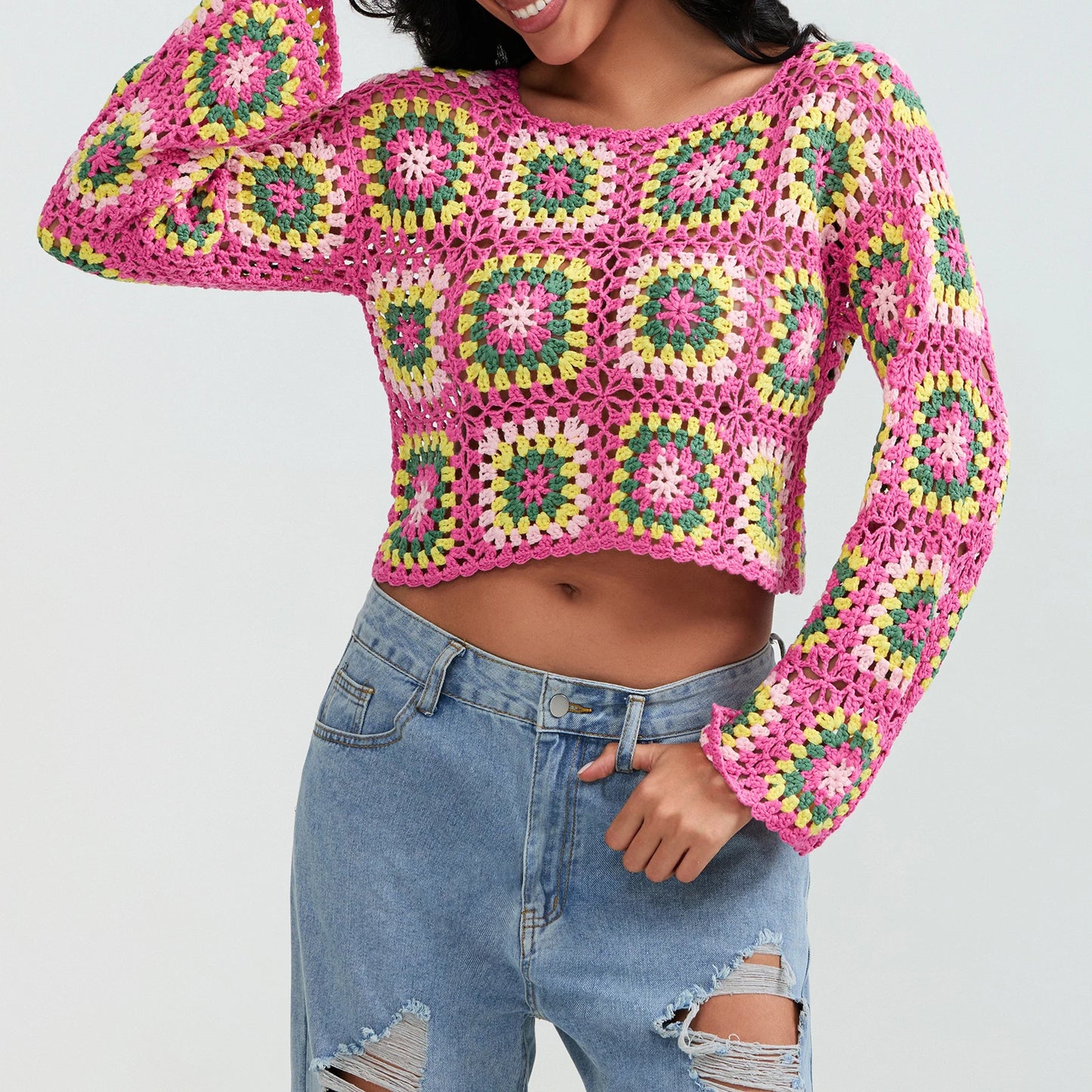 Crochet Square Floral Print Knitted Women’s Long Sleeve O-Neck Cropped Sweater
