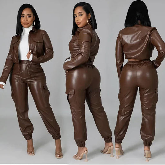 Faux Leather Long Sleeve Breasted Zipper Jacket + Solid Button Fly Pencil Cargo Pants 2-Piece Set