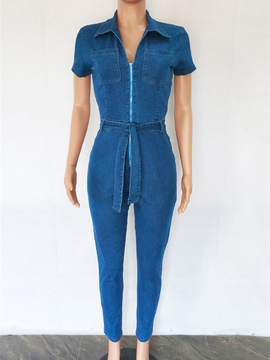 Short Sleeve Zipper Up Bodycon Denim Jumpsuit