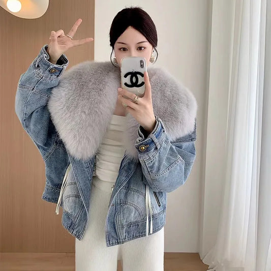 Denim Oversized 100% Real Fox Fur Collar Short Women's Goose Down Puffer Jean Jacket