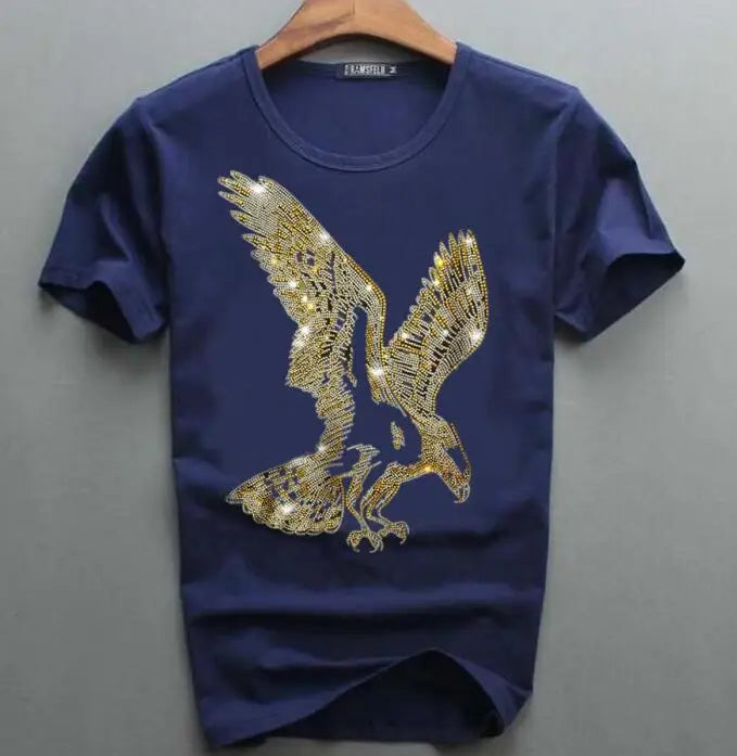 Men's Rhinestone Gold Metallic Eagle Print Short Sleeve Hip-Hop T-Shirt
