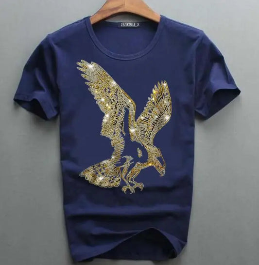 Men's Rhinestone Gold Metallic Eagle Print Short Sleeve Hip-Hop T-Shirt