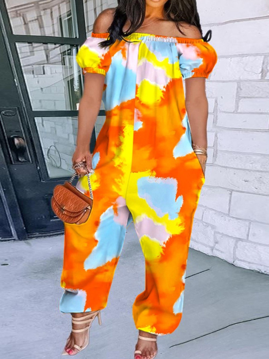 Tie-Dye Geometric/Solid Loose Off-The-Shoulder Harem Jumpsuit to 5X Plus Size