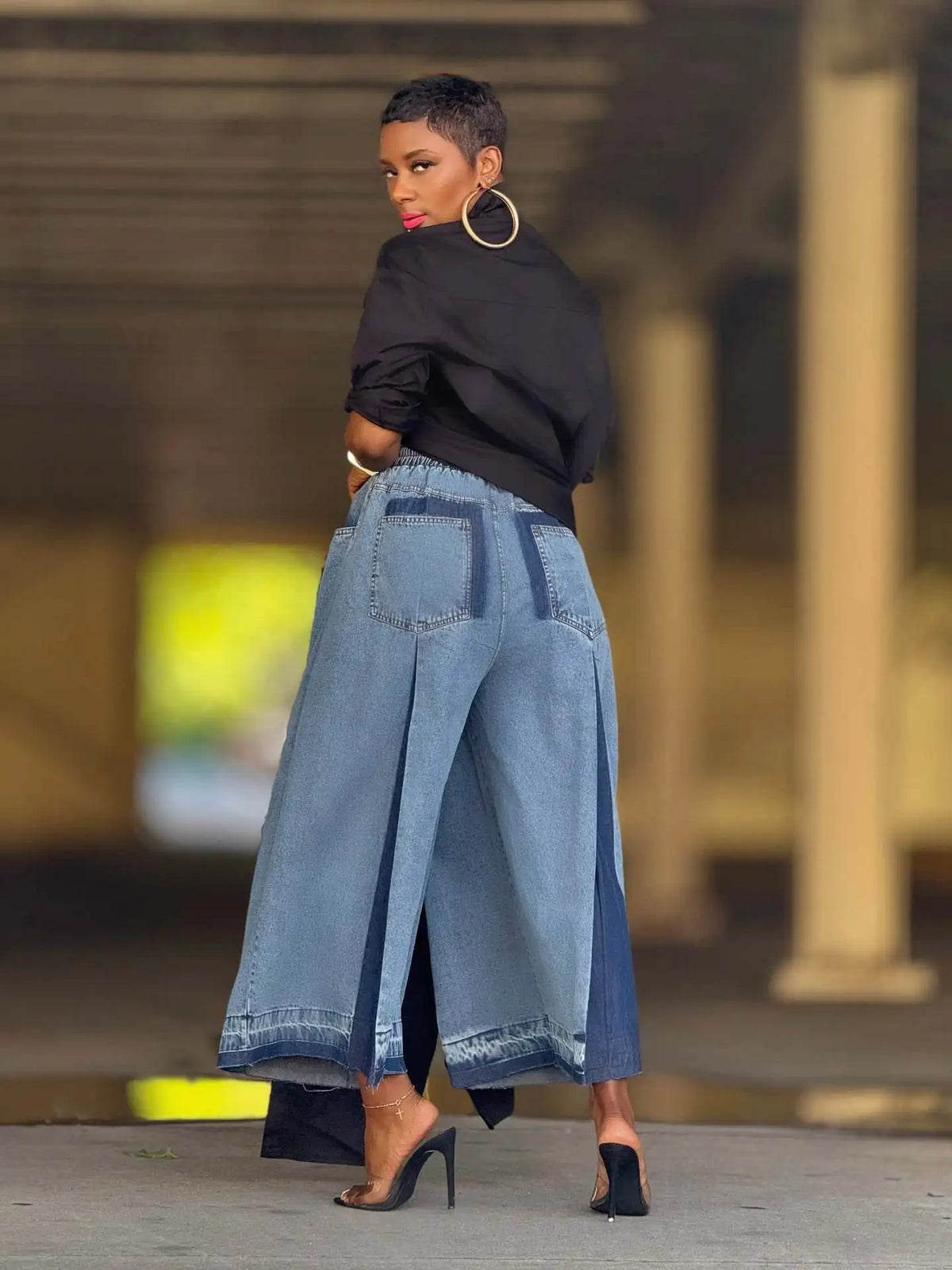 Denim 2-Tone Colorblock Elastic Waist Patchwork Washed Streetwear Distressed Women's Ankle Length Wide Leg Jeans