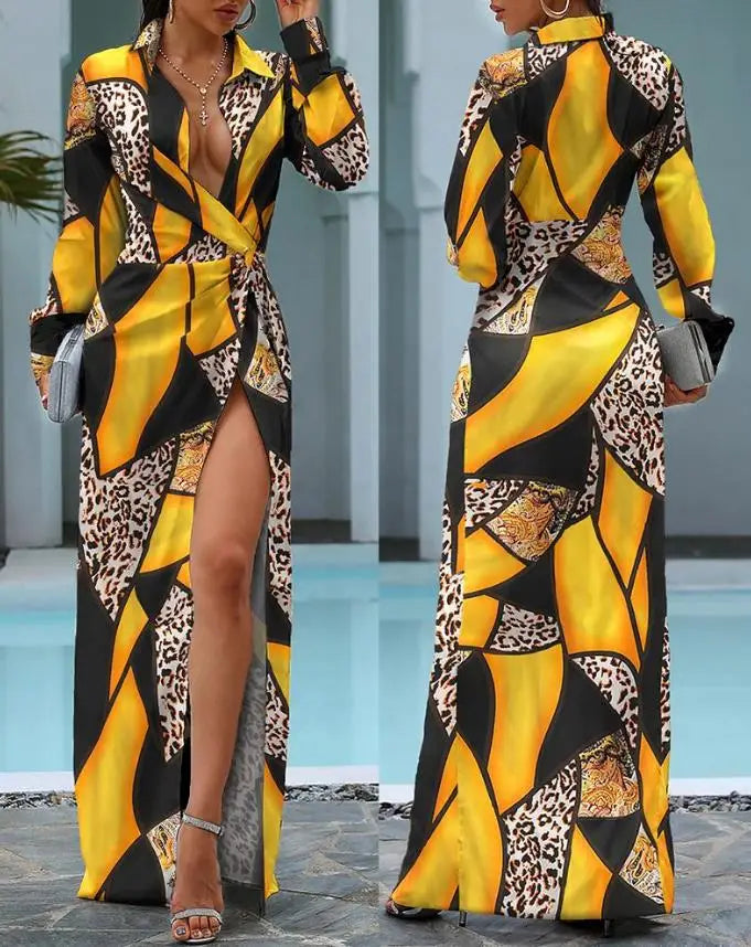 Yellow/Black Cheetah Colorblock Geometric Printed High Slit Skinny Maxi Shirt Dress