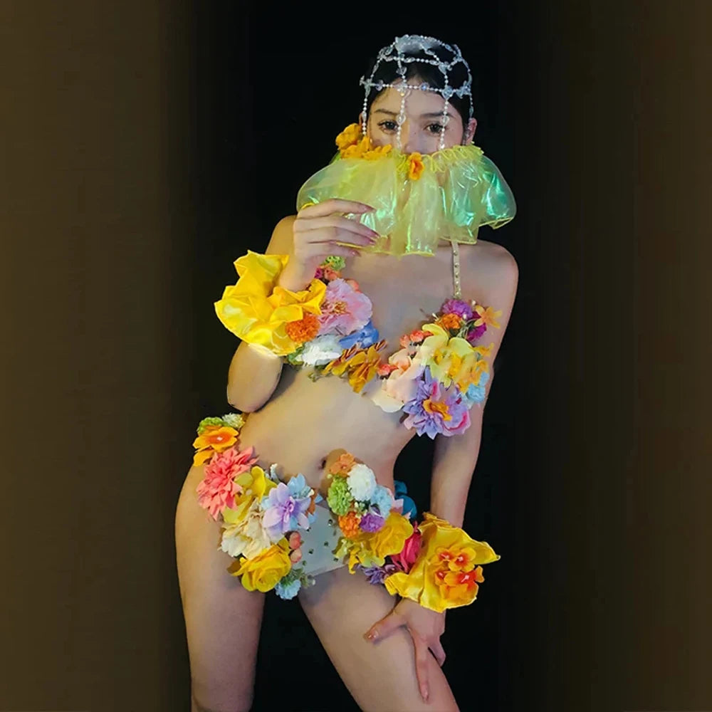 Rhinestone Bright Rainbow Embroidered Flower Bikini Costume