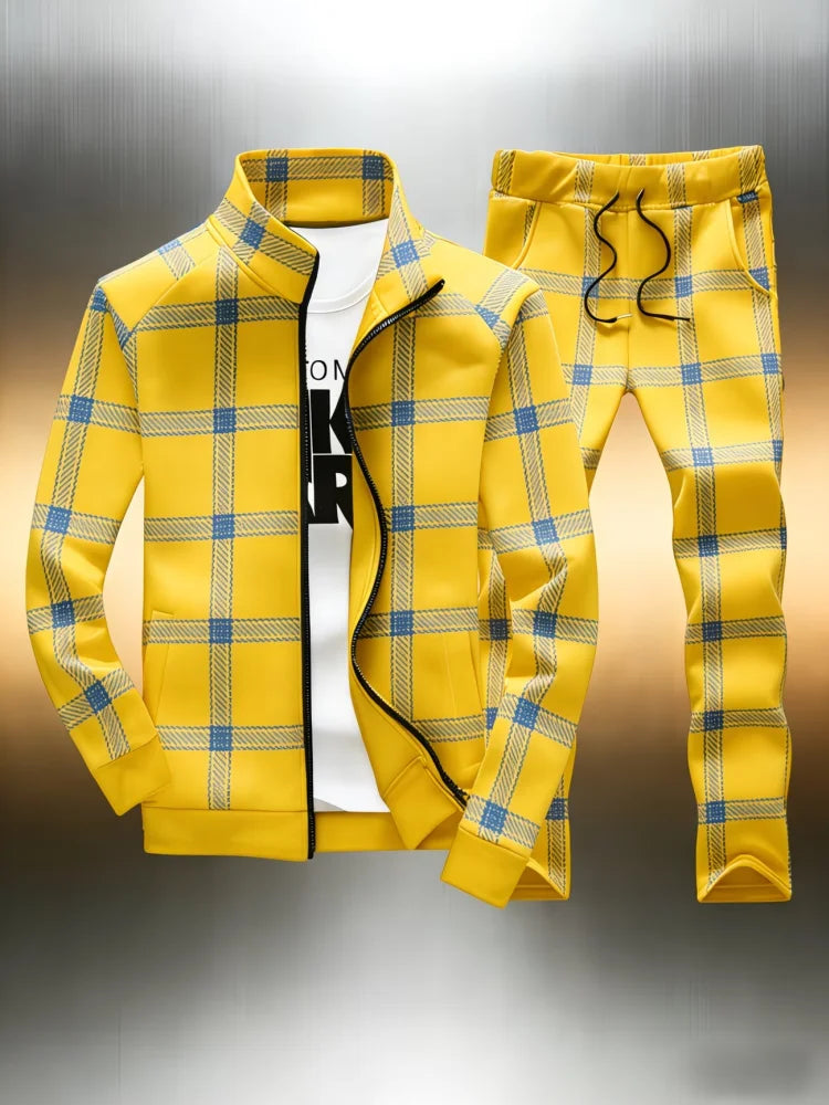 Men's Plaid Print Stand Collar Sports Zipper Jacket + Skinny Drawstring Jogger Sweatpants Tracksuit